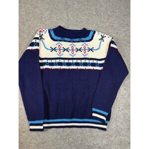 VINTAGE 80s JC Penney Sweater Mens Medium Blue Fair Isle Pullover Cozy Retro